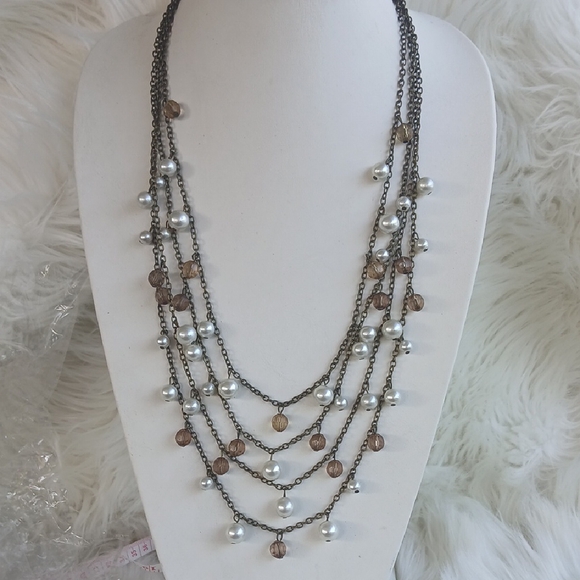 paparazzi Jewelry - Paparazzi Layered Pearl and Brown Bead Brass Necklace LONG